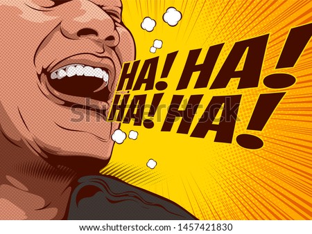 picture of happy laughing man, cartoon comic background, speech bubbles, doodle art, vector illustration.