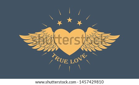 Color illustration of the heart of the wings of a star with rays and text. Vector illustration on the theme of love