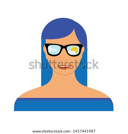 Beautiful teenage girl, woman with different facial expression. Woman, girl with blue hair.  Blue sky, sun and cloud reflection in sunglasses
