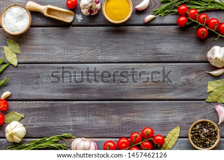 Chef work space with products on wooden background top view mock up