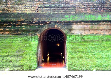 The old concrete brick wall with moss of the entrance of Umong Temple or tunnel temple  in Chiengmai,Thailand,Asia.