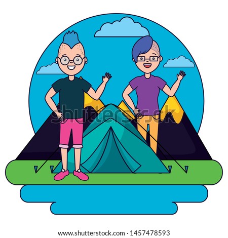 young man and woman camping forest mountains vector illustration