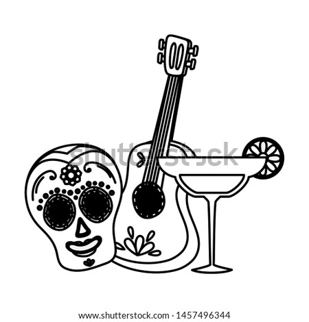 day of the dead skull mask and margarita cocktail with guitar vector illustration d