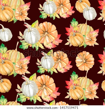 Watercolor seamless pattern autumn elements: leaves, branches, pumpkins. Illustration for the textile pattern and wallpaper.