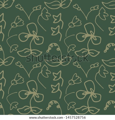 Flower seamless pattern. Hand-drawn doodle dark green vector background.