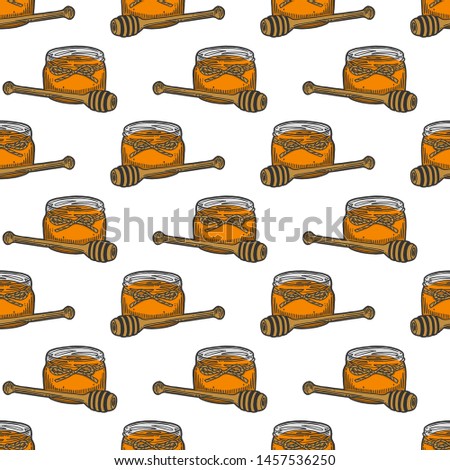 Honey in pot with wooden spoon. Vector concept in doodle and sketch style. Hand drawn illustration for printing on T-shirts, postcards. Seamless pattern for textile, paper wrap. Texture background.