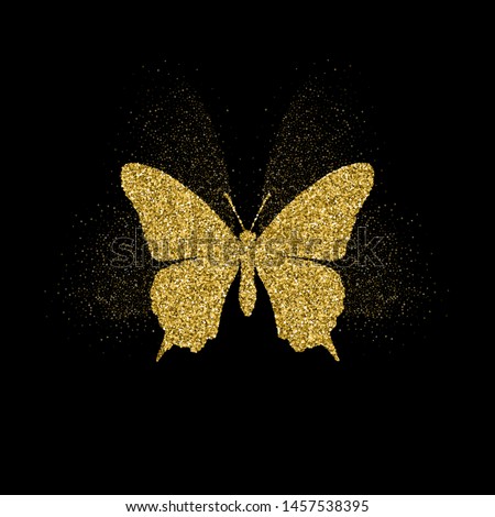 Butterfly golden glitter icon with glitter glow. Beautiful summer golden silhouette on black. For wedding, fashion, ornaments, tattoo, luxury decorative design elements Vector illustration.