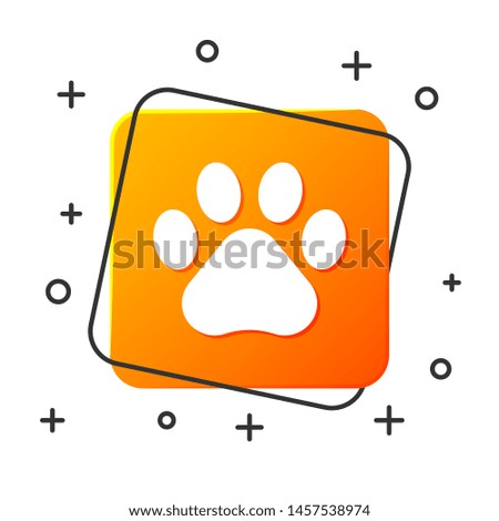 White Paw print icon isolated on white background. Dog or cat paw print. Animal track. Orange square button. Vector Illustration