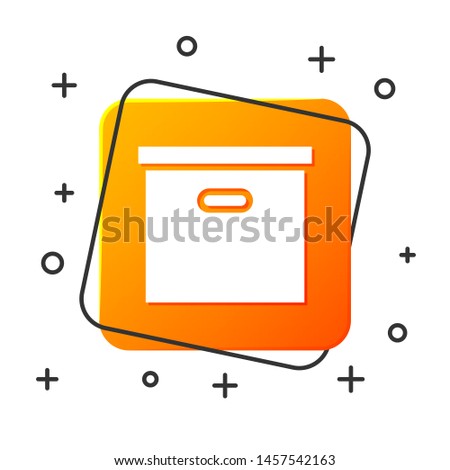 White Carton cardboard box icon isolated on white background. Box, package, parcel sign. Delivery and packaging. Transportation and shipping. Orange square button. Vector Illustration