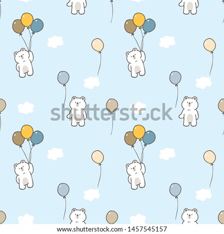 Seamless Pattern of Cute Cartoon Bear and Balloon Design on Light Blue Background