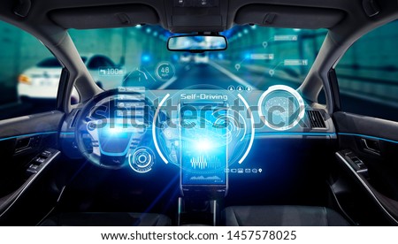 Interior of autonomous car. Driverless vehicle. Self driving. UGV. Royalty-Free Stock Photo #1457578025
