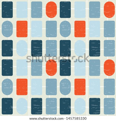 Abstract geometric vector seamless pattern inspired by mid-century modern fabrics. Simple shapes in retro pastel colors and textured background. Clipping mask is used for easy editing, eps 10 vector
