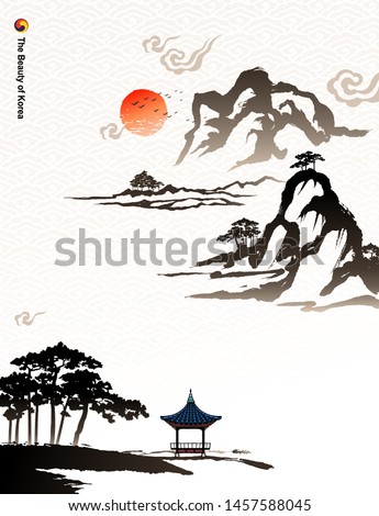 Beautiful Korea, mountains, trees, houses, calligraphy brush painting, natural scenery, Korean traditional painting vector illustration.