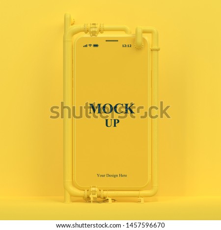 Yellow cell phone mock-up on yellow background with clipping path. Liquid Cooling System and minimal idea concept, 3D Render.