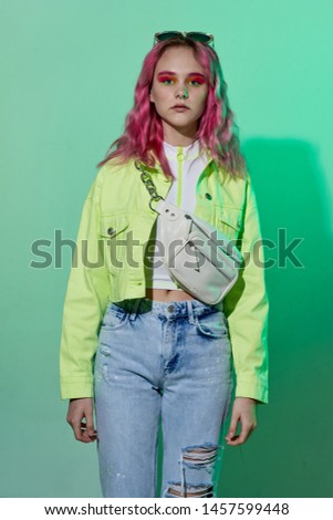 woman with a bag with a chest bag neon retro style