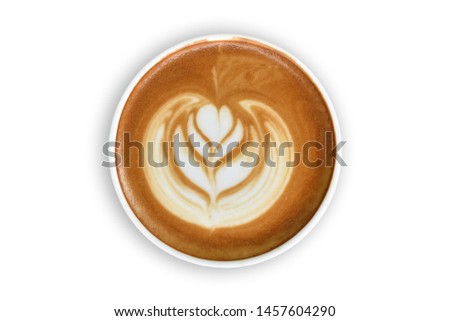 Top view(flat lay) of Latte coffee hot texture pattern love on cream fully on scene white background view with (cut out) clipping path.