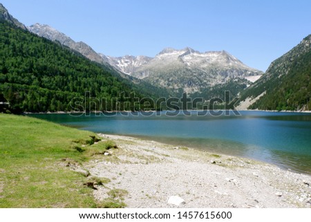 Part of the sandy beach, grass, lake Oredon overlooking the mountain slopes covered with pines and peak of Nouvielle, France. The Neouvielle massif, Pyrenees, National Nature Reserve