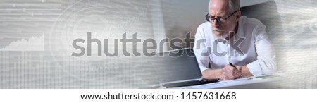 Senior businessman taking notes in office,  panoramic banner