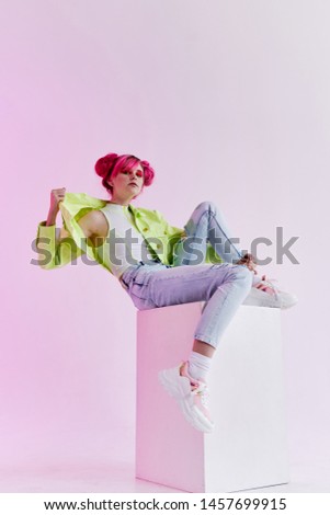 stylish woman with pink hair