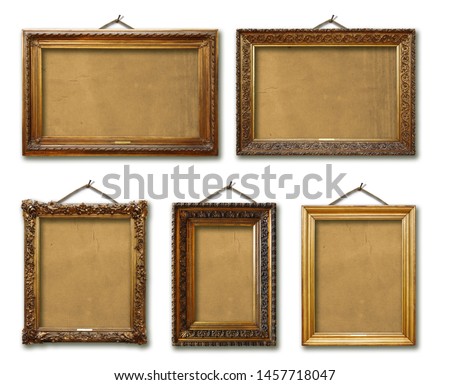 Set of three vintage golden baroque wooden frames on white isolated background