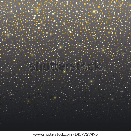 Dark gradient vector abstract background with shine gold spangles, flashes, glitter. Seamless horizontal border. Modern trendy banner or poster design for Christamas, New Year, birthday. Royalty-Free Stock Photo #1457729495