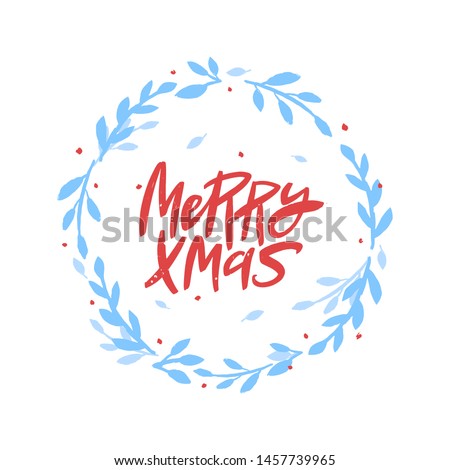 Merry Christmas vector brush lettering in floral wreath. Handwritten Christmas typography print for flyer, poster, card, banner. Hand drawn decorative design element.