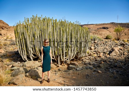 Stunning young blond woman in desert by cacti