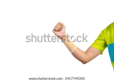 Man's hands wear wrist support isolated on white background.Prevent wrist injuries, from exercise
