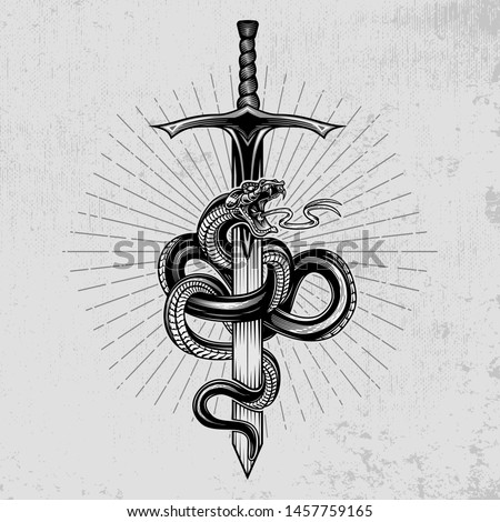 Snake wrapped around a sword. Hand drawn vector illustration in engraving technique with star rays and grunge background. Ancient symbol concept.  Royalty-Free Stock Photo #1457759165