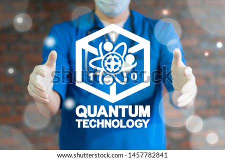 Quantum Computing Medical Technology. Qubit health tech concept. Doctor holds between hands virtual quantum icon with cube and atom.