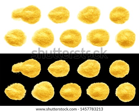 yellow gold colored doodle spots smear isolated on black and white backgrounds. hand-drawn golden acrylic specks, festive stock photo illustration background