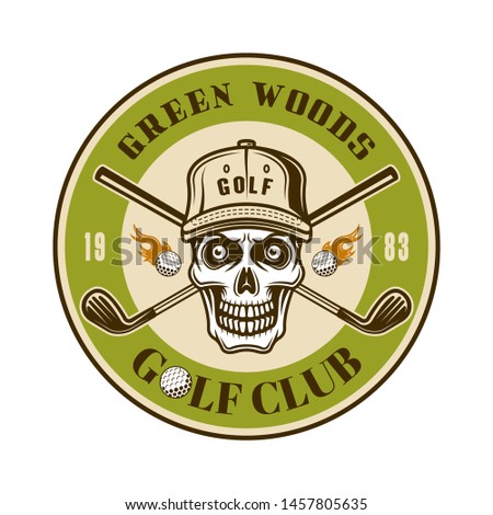 Golf club vector round emblem, badge, label or logo with skull in hat. Vintage colored illustration isolated on white background