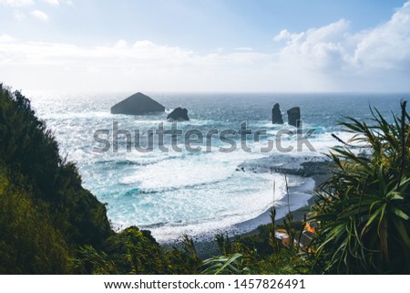 Aerial picture of wild rock formations in the middle of the open atlantic ocean next to Mosteiros, in Sao Miguel island, Azores, Portugal