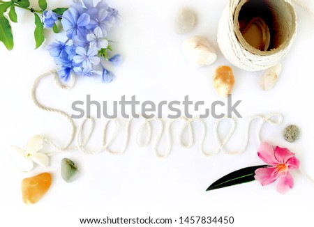 Word  Summer written from rope, Illustration of stones, flowers, leaves. Text elements isolated on a white background. Top view, with path, cover for the site.