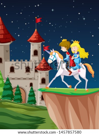 Prince and princess riding fantasy unicorn at night with Moon illustration