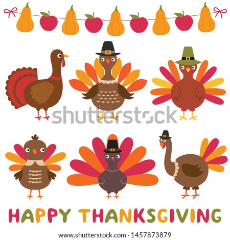 Thanksgiving turkeys  and decoration, isolated design element set