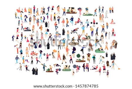Crowd of flat illustrated people. Dancing, surfing, traveling, walking, working, playing, doing sport, fashion people, Arab, couple , doctors set. Vector big set Royalty-Free Stock Photo #1457874785