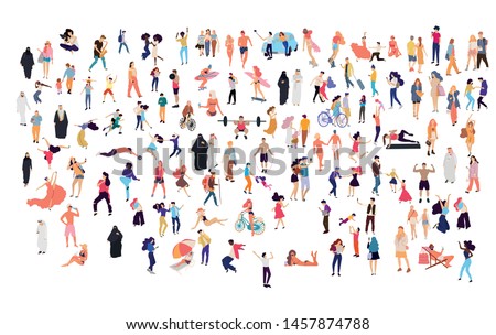 Crowd of flat illustrated people. Dancing, surfing, traveling, walking, working, playing, doing sport, fashion people, Arab, couple , doctors set. Vector big set Royalty-Free Stock Photo #1457874788