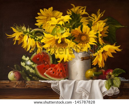  still life with sunflowers and watermelon