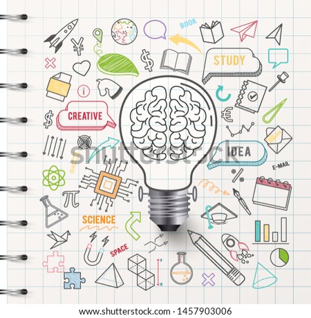 Creative thinking idea bulb , on paper white background ,vector illustration ,Editable stroke