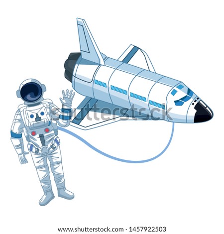 space exploration space shuttle and astronaut saying hi icon cartoon vector illustration graphic design