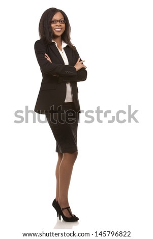 beautiful woman wearing business outfit on white background