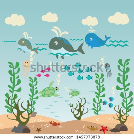 Cute marine habitats cartoon vector illustration. Fish swimming under the sea