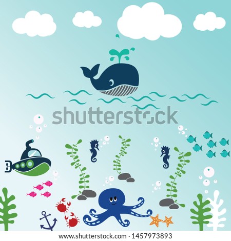 
Beautiful sea with coral, fish, seaweed submarine cartoon vector illustration