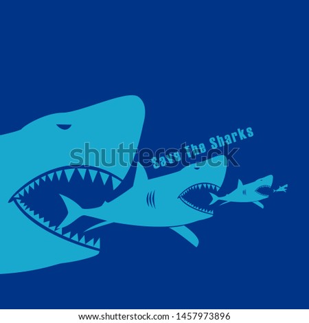 Shark abstract poster with slogan save the sharks on blue background cartoon vector illustrator