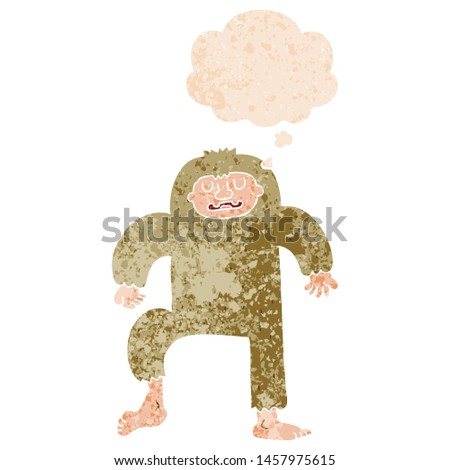 cartoon bigfoot with thought bubble in grunge distressed retro textured style