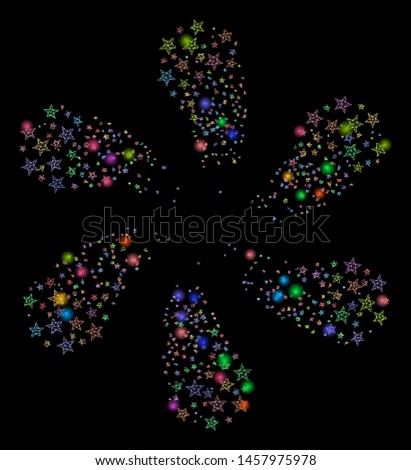 Glossy mesh star fireworks flower with glitter effect. Abstract illuminated model of star fireworks flower icon. Shiny wire carcass polygonal mesh star fireworks flower.