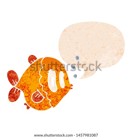 cartoon fish with speech bubble in grunge distressed retro textured style