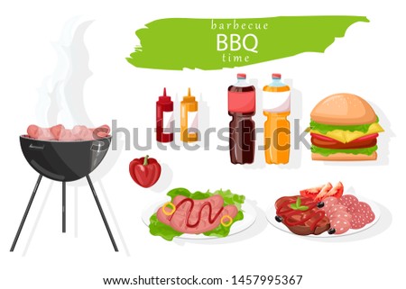 BBQ food set Vector. Meat, burger and drinks collection. flat style