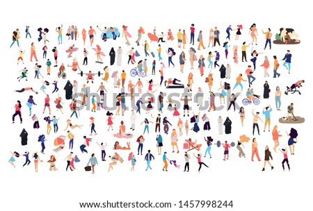 Crowd of flat illustrated people. Dancing, surfing, traveling, walking, working, playing, doing sport, fashion people, Arab, couple , doctors set. Vector big set Royalty-Free Stock Photo #1457998244